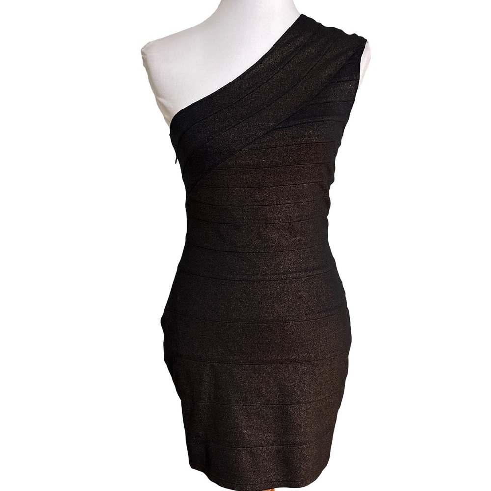 Express Black and Gold One-Shoulder Dress Elegant